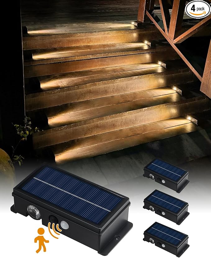 Solar Step Lights for Outside Motion Sensor Solar Stair Light Outdoor Waterproof 5 Modes for Stair, Step, Deck, Walkway, Pathway Warm White 4 Pack