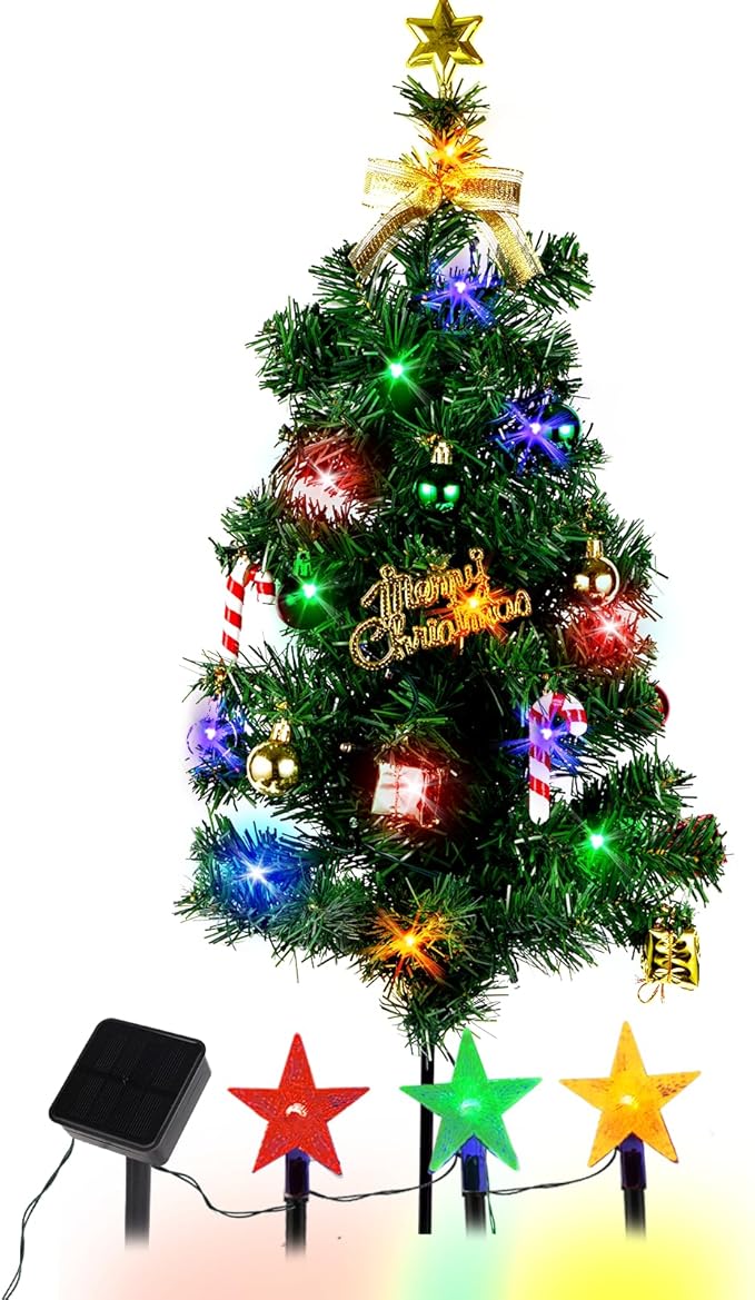 Solar Christmas Tree Light Outdoor Decoration, 31Inch Solar Tree Lights with 30 LED 8 Flashing Modes Decorated Prelit Gift Boxes & Ornaments for Pathway Patio Yard Garden Cemetery, 2PCS