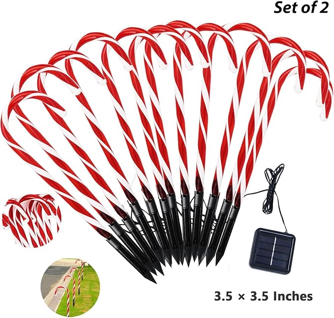 IDEAALS 24-Pack Solar Christmas Candy Cane Lights, Solar Pathway Lights Waterproof, Christmas Decorations Outdoor with 8 Modes for Party Patio Garden Lawn Yard Decor