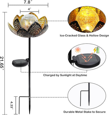 Afirst Solar Lights Outdoor, Garden Lotus Stake Lights Waterproof Decorative Pathway Light Metal Crackle Glass Solar Light Landscape for Garden,Patio,Lawn,Walkway,Tabletop,Pathway,Yard Decor, Golden