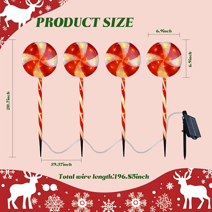 Candy Christmas Decorations Pathway Outdoor Solar Lights, 29 inches 80 LED Lighted Lollipop Solar Christmas Lights with 8 Modes Waterproof String Lights, Outdoor Lights for Yard Patio Walkway-4PCS