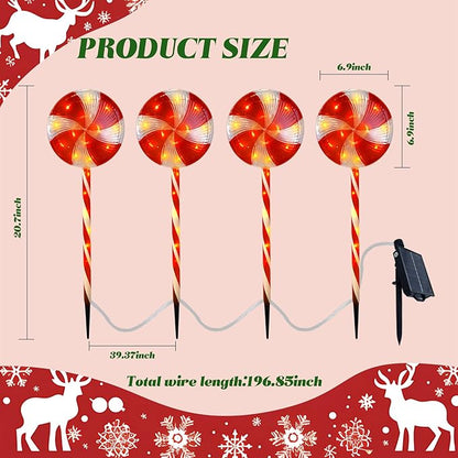 Candy Christmas Decorations Pathway Outdoor Solar Lights, 29 inches 80 LED Lighted Lollipop Solar Christmas Lights with 8 Modes Waterproof String Lights, Outdoor Lights for Yard Patio Walkway-4PCS