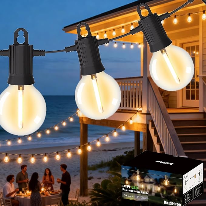 Outdoor String Lights,Led Patio Globe Lights with Plastic Bulbs,Waterproof,Shatterproof,G40 Outdoor String Lights,Connectable Hanging for Backyard, Bistro, Porch, Deck, Balcony,Tent (100FT)