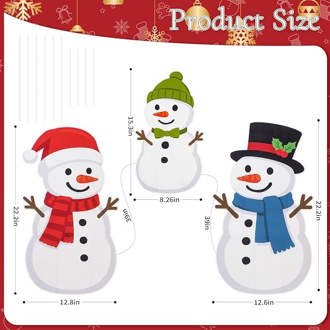 Large Illuminated Christmas Snowman Outdoor Decoration, 3-Piece pre-Installed Light 2D Snowman Family Set, Equipped with 30 Warm White Lights, Suitable for Balconies, lawns, and Gardens