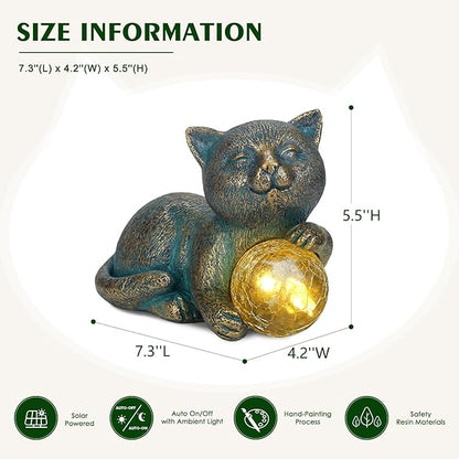 Solar Cat Statue with LED Lights, Solar Garden Decor, Waterproof Outdoor Cat Figurine for Yard, Patio, Balcony, Patio, Night Light, Gift for Cat Lovers, Mom, Women
