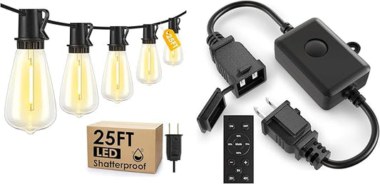 25FT ST38 LED Outdoor String Lights Bundle with 120W Outdoor Dimmer Plug
