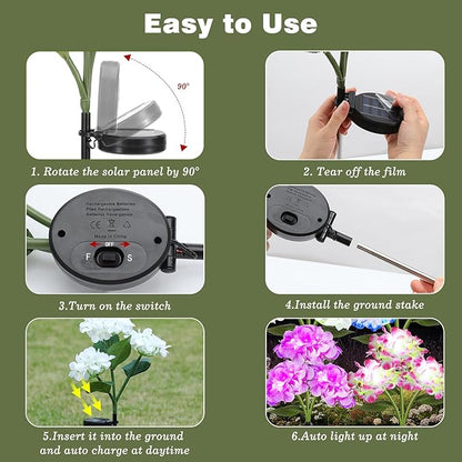 Lewondr 4 Pack Solar Garden Lights, Solar Flowers Lights with 4 Blooming Hydrangea Flowers, Waterproof Solar Lights Outdoor for Yard Porch Patio Backyard Pathway Gardening, 2 Lighting Modes, Colorful