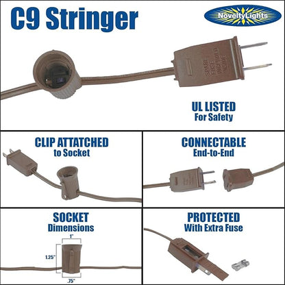 C9 Clear Outdoor Christmas Lights - 25 Foot Brown Wire Roofline Patio String Lights