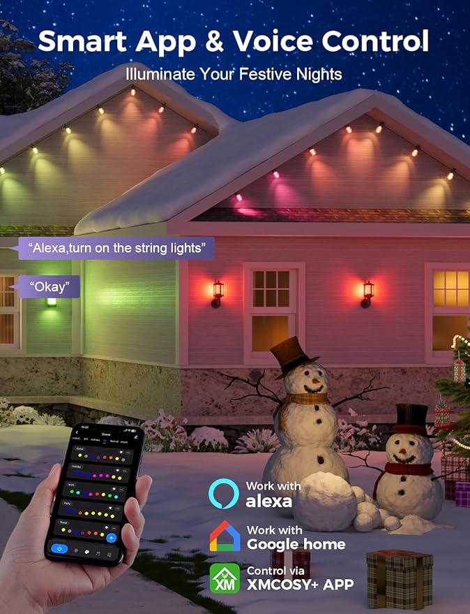 XMCOSY+ 48FT Smart Outdoor String Lights - RGBCWIC Dimmable Acrylic Bulbs, Color Changing LED Patio Lights APP WiFi | Lumora