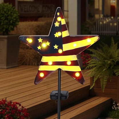 Garden Solar Lights 4th of July Decorations 3D Metal Stars for Outside with 11 Vintage Bulbs, Memorial Day Decorations American Flag Lights Patriotic Decor Outdoor Solar Pathway Light 46.5”