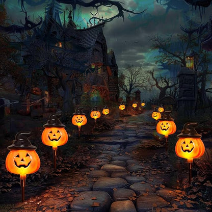 6 Pack Solar Jack O Lantern Stake String Lights - Orange Halloween Pathway Decor for Outdoor Halloween Yard Display
