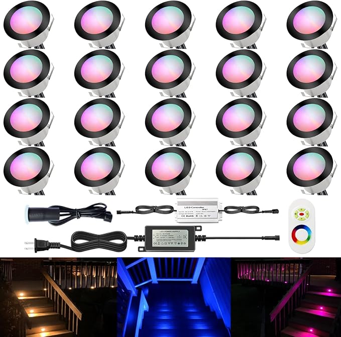 LED Outdoor Deck Lights with Photocell, Φ1.77in RGB 20 Pack Black, Low Voltage 12V IP67 Waterproof, Multi Color Changing Remote, Electric Wired Recessed Stair Step Landscape Lighting for Yard