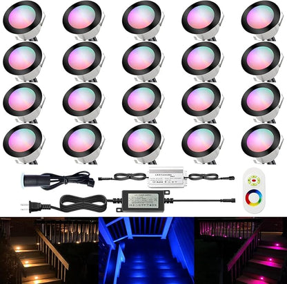 LED Outdoor Deck Lights with Photocell, Φ1.77in RGB 20 Pack Black, Low Voltage 12V IP67 Waterproof, Multi Color Changing Remote, Electric Wired Recessed Stair Step Landscape Lighting for Yard