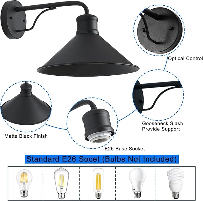 3 Pack Matte Black Outdoor Wall Lights, Modern Farmhouse Porch Wall Light Fixtures Wall Mount, Exterior E26 Barn Lights for Garage Frontdoor Entryway Bathroom Doorway,12"