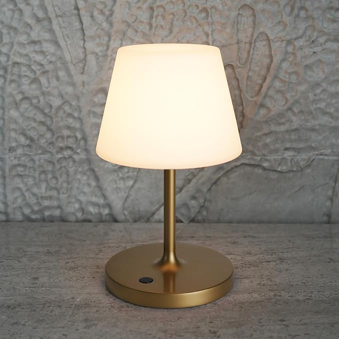 Outdoor Table Lamp/Cordless USB Rechargeable 4000mAh / 2700K LED/Touch Dimmable/Portable Battery Operated / IP44 Waterproof/PE Shade/Bedroom Dinning Camping Patio (Gold, 9.6in)