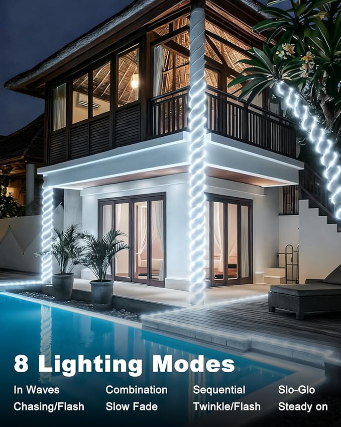 btfarm Solar Rope Lights Outdoor, 120LED 46FT Solar String Lights Outside Waterproof, 8 Lighting Modes Tree Tube Fairy Light Solar Powered for Garden Christmas Yard Party Decorations, Cool White