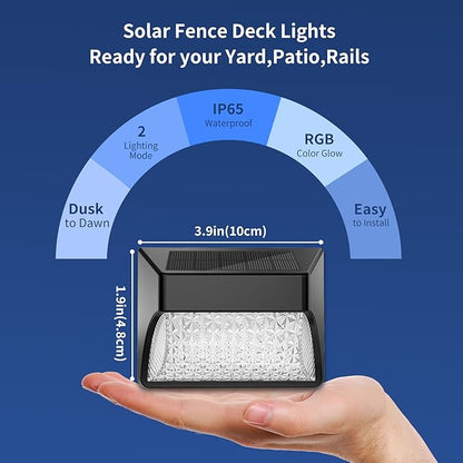 Solar Powered Fence Deck Lights Outdoor Waterproof Led IP65 RGB Color Changing/Warm White Auto On/Off Solar Step Lights for Outside Stair Garden Yard Wall Patio (6 Pack, Black)