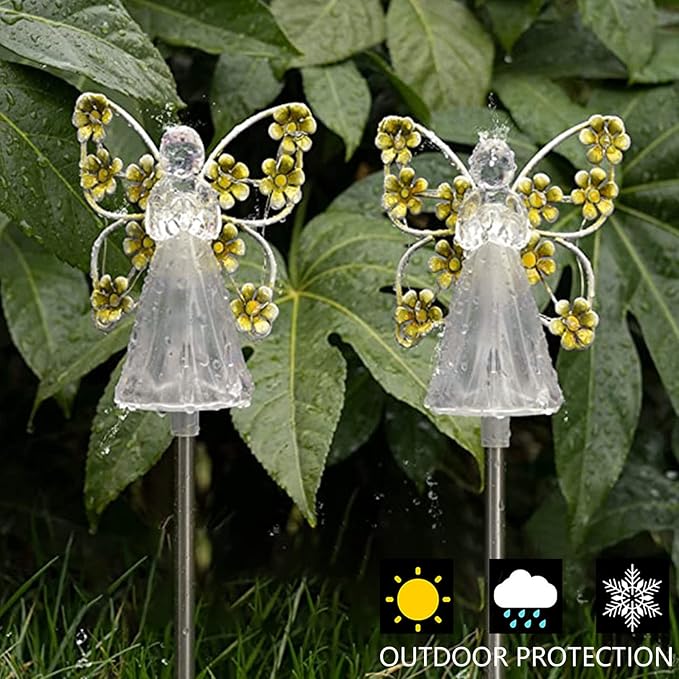 2pcs Fairy Garden Ornaments Outdoor Solar Pathway Lights, Flower Fairy Resin Figurine Lamp for Courtyard Lawn, Commemorate Gift (Yellow)