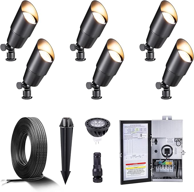 Gardenreet Black Brass Low Voltage Landscape Spotlights(6-Pack) Kit 12V LED with Low Voltage Transformer 150W & | Lumora