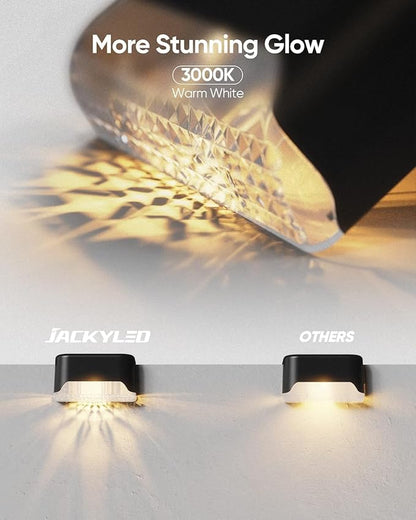 JACKYLED Solar Deck Lights 4 Pack Solar Fence Light Solar Powered Outdoor Step Light IP65 Waterproof LED Pathway Light for Deck Fence Railing Garden Patio StairYard, Black