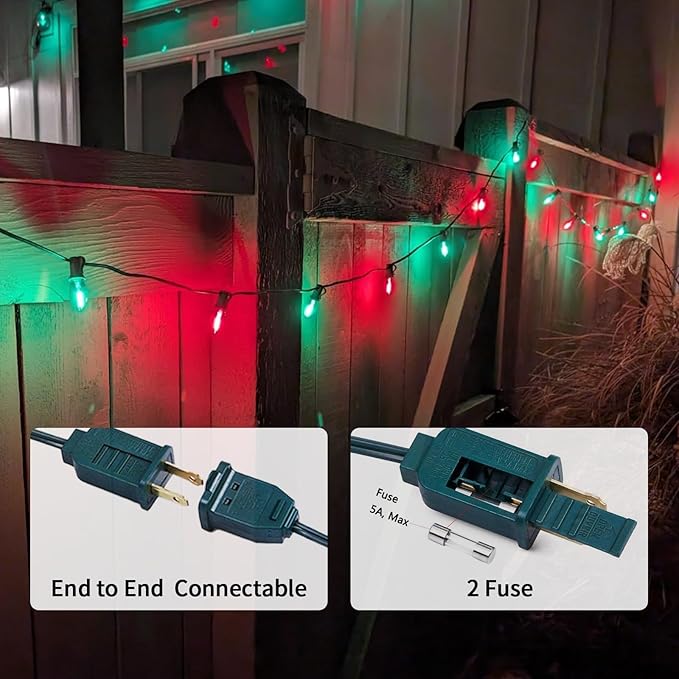 25FT C7 Christmas Lights Outdoor, Red Green Classic 2-Color LED String Lights for Roof, Fence, Tree, Traditional | Lumora