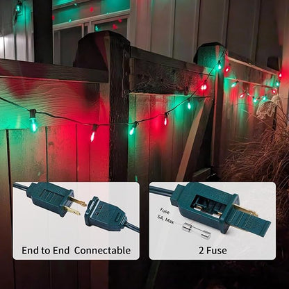 25FT C7 Christmas Lights Outdoor, Red Green Classic 2-Color LED String Lights for Roof, Fence, Tree, Traditional Holiday Decor
