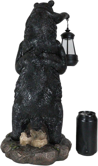 Ebros Rustic Black Bear Family Statue 18.75" Tall with Solar LED Lantern Light - Realistic Wildlife Decor