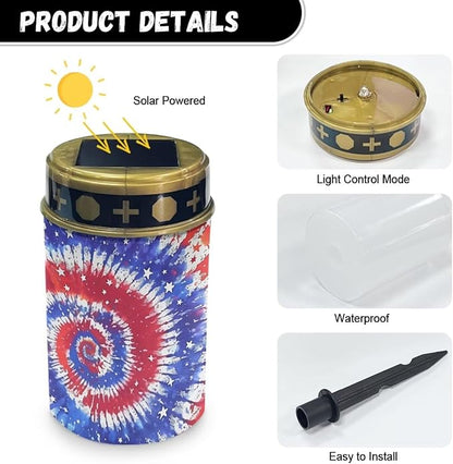 Cemetery Solar Lights Tie-Dye American Flag Solar Stake Lights Decorative for Grave Yard Patio Outdoor