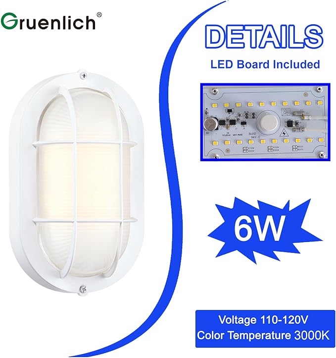 GRUENLICH 8.5'' Oval Outdoor Wall Lights, Dimmable LED Bulkhead Light, Sauna & Exterior Lighting, ETL Rated, 6W 600 Lumen, 3000K Warm White, White Cast Aluminum, Wall/Ceiling Mount, 1-Pack