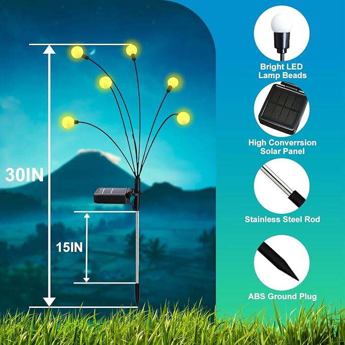 Solar Garden Lights, 𝐔𝐩𝐠𝐫𝐚𝐝𝐞𝐝 Solar Swaying Lights，Landscape Path Lights Outdoor Waterproof, Solar Powered Firefly Outdoor Lights for Yard Patio Decoration, Warm White(2 Pack)