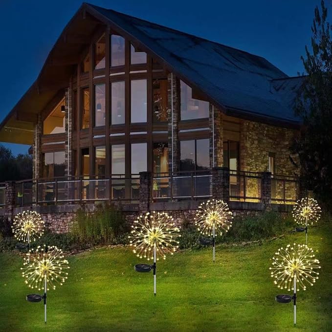 Solar Firework Lights 2Pcs Garden Lights Outdoor Waterproof, 120 LED with 8 Modes Twinkling and Steady-On, Festive daysStarburst Lights for Path, Patio, Yard (Warm White)
