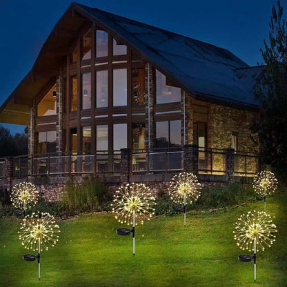 Solar Firework Lights 2Pcs Garden Lights Outdoor Waterproof, 120 LED with 8 Modes Twinkling and Steady-On, Festive daysStarburst Lights for Path, Patio, Yard (Warm White)