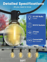 SUNSGNE Outdoor String Lights, 50FT Outdoor Globe Light with 52 G40 Shatterproof LED Bulbs(2 Spare), String Lights | Lumora