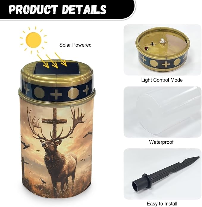 Poceacles 6 Pack Cross Solar Lights Cemetery Solar Lights for Grave Solar Candle Solar Lantern Light Walkway Lights Waterproof Landscape Lighting for Loss of Loved One, Deer Cross Dove of Peace Brown