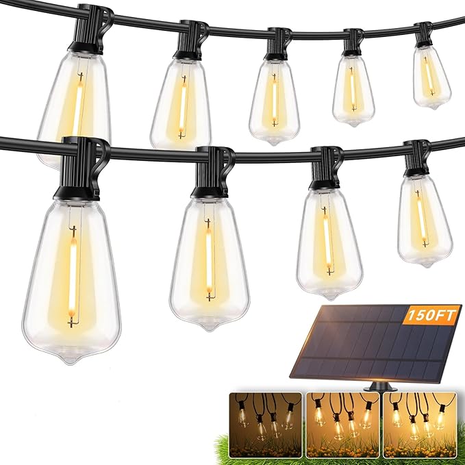 Brightever 150FT Solar String Lights Outdoor Waterproof with Remot, 55+2 Shatterproof ST38 LED Bulbs, Dimmable & 3 Lighting Modes, Warm White Solar Patio Lights for Balcony, Deck, Wedding