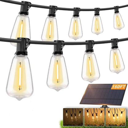 Brightever 150FT Solar String Lights Outdoor Waterproof with Remot, 55+2 Shatterproof ST38 LED Bulbs, Dimmable & 3 Lighting Modes, Warm White Solar Patio Lights for Balcony, Deck, Wedding