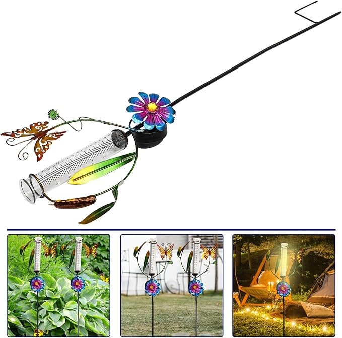 HOMSFOU Solar Powered Garden Path Lights with Butterfly Windmill Rain Gauge, Decorative Outdoor Solar Lawn Stake Lights for Yard and Patio