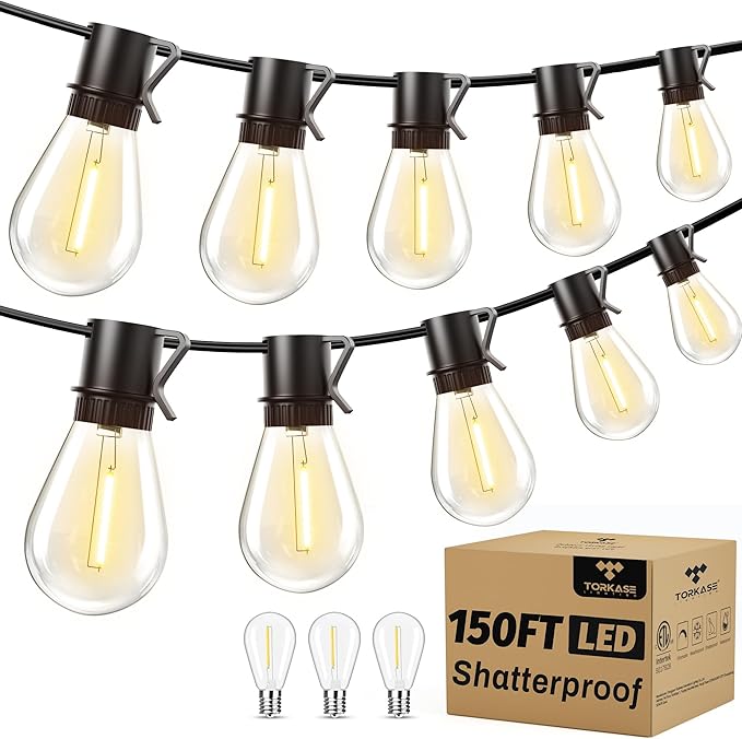 Torkase 150FT Outdoor String Lights LED, 45+3 S14 Bulbs Shatterproof, IP54 Waterproof Dimmable for Large Outdoor Events, Resorts, Hotel Lighting - Commercial Grade Connectable