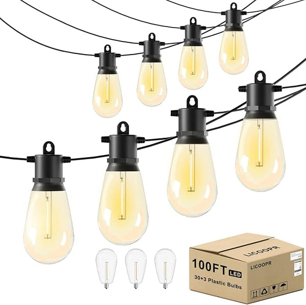 100 FT Outdoor String Lights IP65 Waterproof Patio Lights with 30 + 3 Shatterproof LED Bulbs Commercial Grade LED | Lumora