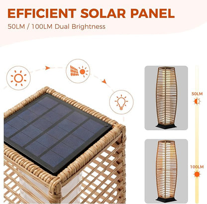 Grand patio 2-Piece Outdoor Floor Lamp Solar Lantern, Water-Resistant Wicker Boho Patio Light with 50/100 Lumens Dual Brightness & Memory Mode for Garden Porch Deck Decor, Large Crossover Natural