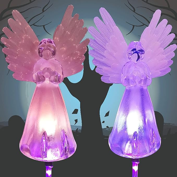 NMM Solar Angel Lights, 2 Pack Outdoor Solar Garden Lights, Multi-Color Changing Angel Decorative Lights for Yard Lawn Pathway Grave Cemetery Christmas Decoration, Thanksgiving Memorial Gift
