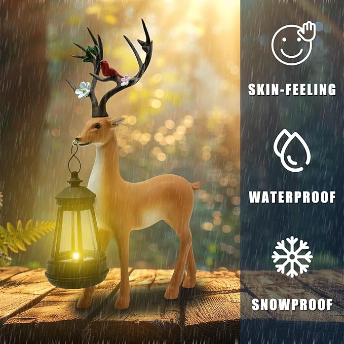 Solar Lantern Garden Statues Decor, 12" Outdoor Deer Figurine Lights for Yard Patio Decoration - Unique Christmas Housewarming Gift for Grandma Wowen Mom