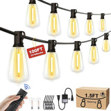 100FT Outdoor String Lights - 64+4 Bulbs(𝟏.𝟓𝐅𝐓 𝐁𝐮𝐥𝐛𝐬 𝐒𝐩𝐚𝐜𝐢𝐧𝐠) | Remote & Dimmer, 3 Light Modes & Timing, IP65 | Lumora