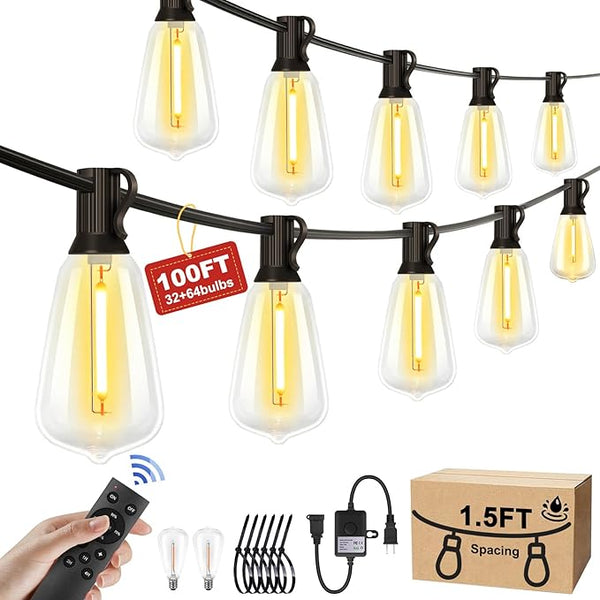 100FT Outdoor String Lights - 64+4 Bulbs(𝟏.𝟓𝐅𝐓 𝐁𝐮𝐥𝐛𝐬 𝐒𝐩𝐚𝐜𝐢𝐧𝐠) | Remote & Dimmer, 3 Light Modes & Timing, IP65 | Lumora