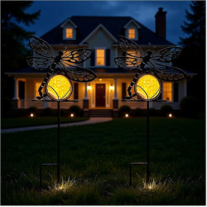 Dragonfly Solar Lights Outdoor Decorations, 2 Pack Metal Iron Solar Stake Lights for Yard, Garden, Lawn Decor