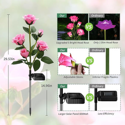 Solar Garden Lights, Solar Outdoor Lights with More Realistic 10 Rose Waterproof Solar Powered Flowers for Outside Patio Yard Pathway Decorations, 2 Pack Pink