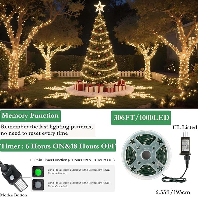Tcamp 306FT 1000 LED Christmas Lights, 8 Modes Christmas Tree Lights with Timer Memory Function, Green Wire Starry Fairy String Light for Tree Halloween Outdoor Indoor Decor (Warm White)