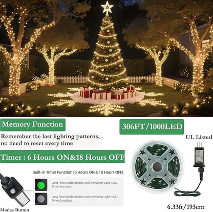 Tcamp 306FT 1000 LED Christmas Lights, 8 Modes Christmas Tree Lights with Timer Memory Function, Green Wire Starry Fairy String Light for Tree Halloween Outdoor Indoor Decor (Warm White)