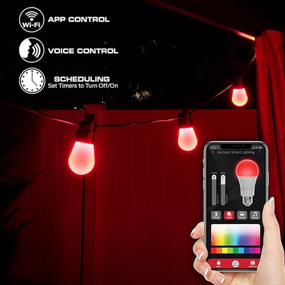 Monster 48 Foot Outdoor Smart RGB+IC+WW String Lights, 24 Bulb Individually Controlled Dimmable LEDs, Sound Reactive, Water & Weather Resistant, Compatible with Alexa, Siri, Google Home, App