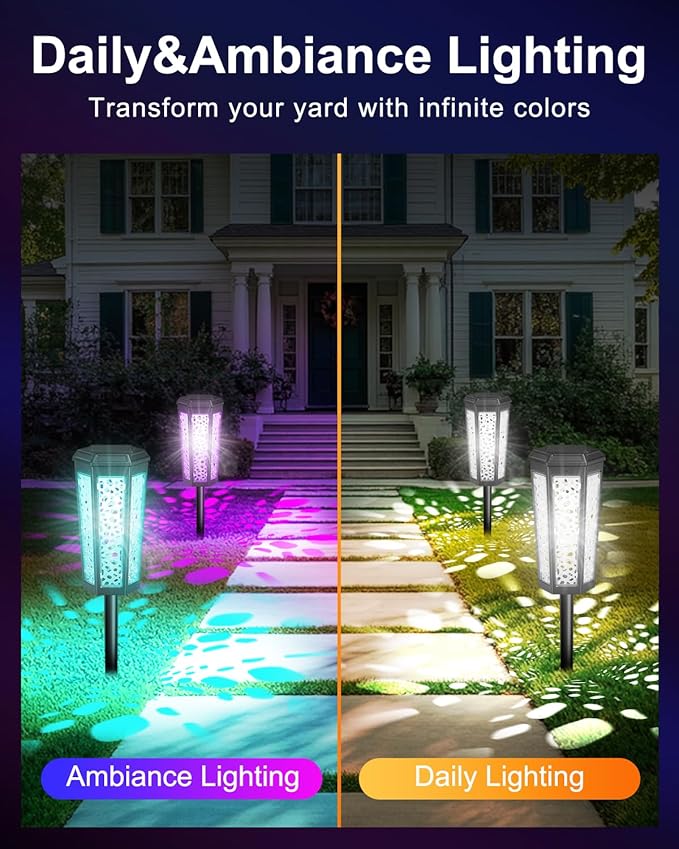Solar Powered Pathway Lights Outdoor CoolWhite & RGB Color Changing LED Landscape Decor Waterproof for Patio, Yard, Walkway, Garden, Auto On/Off 4 Pack 2 Modes (Cool White & Multicolor, 4 Pack)